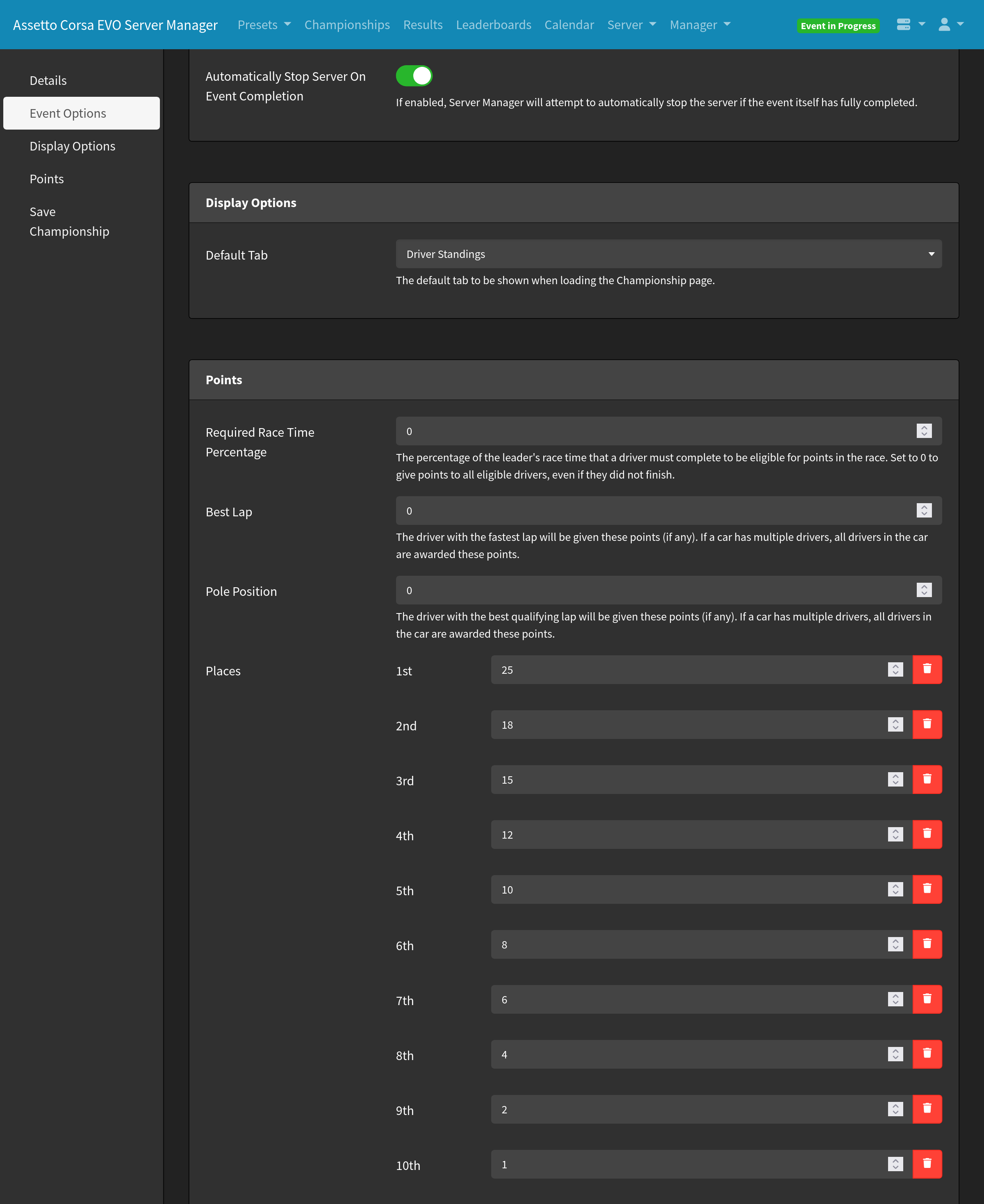 Server Manager Edit Championship