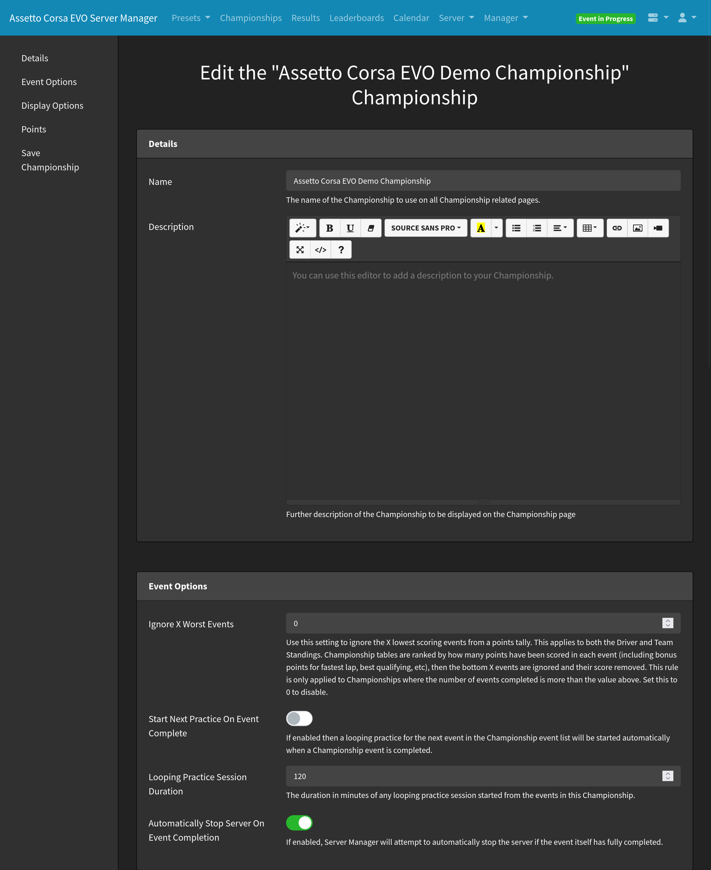 Server Manager Edit Championship