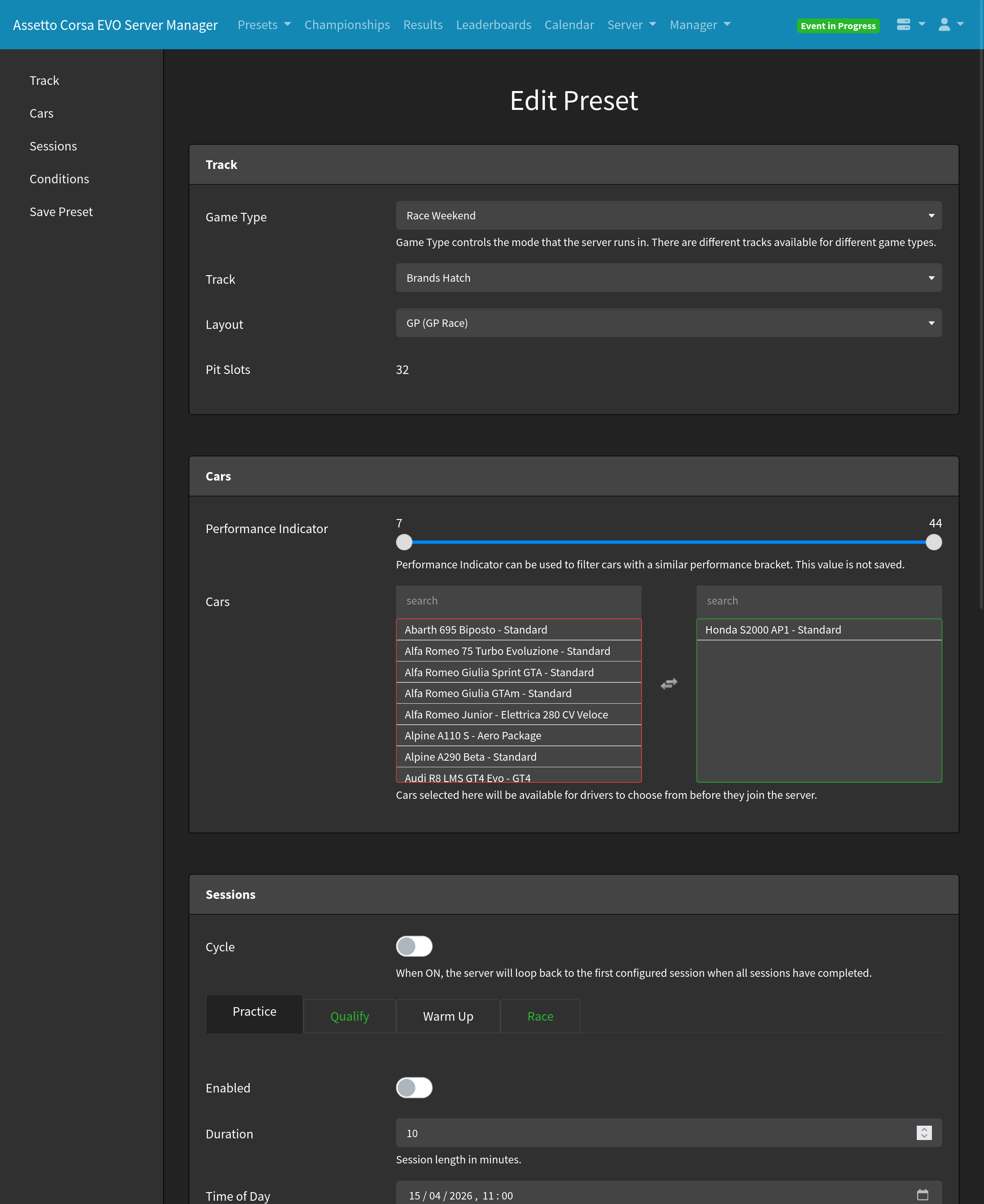 Server Manager Edit Preset