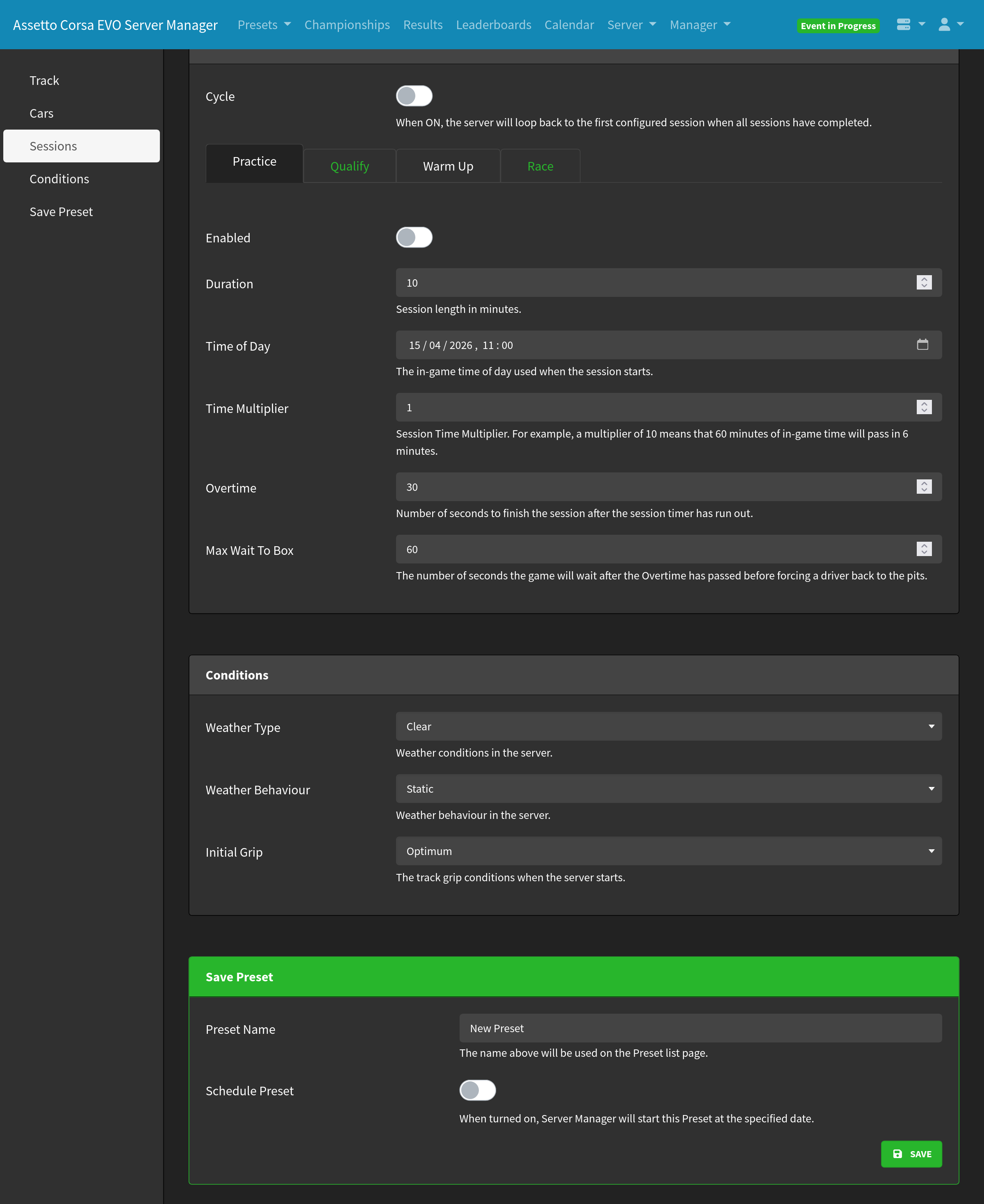 Server Manager Edit Preset