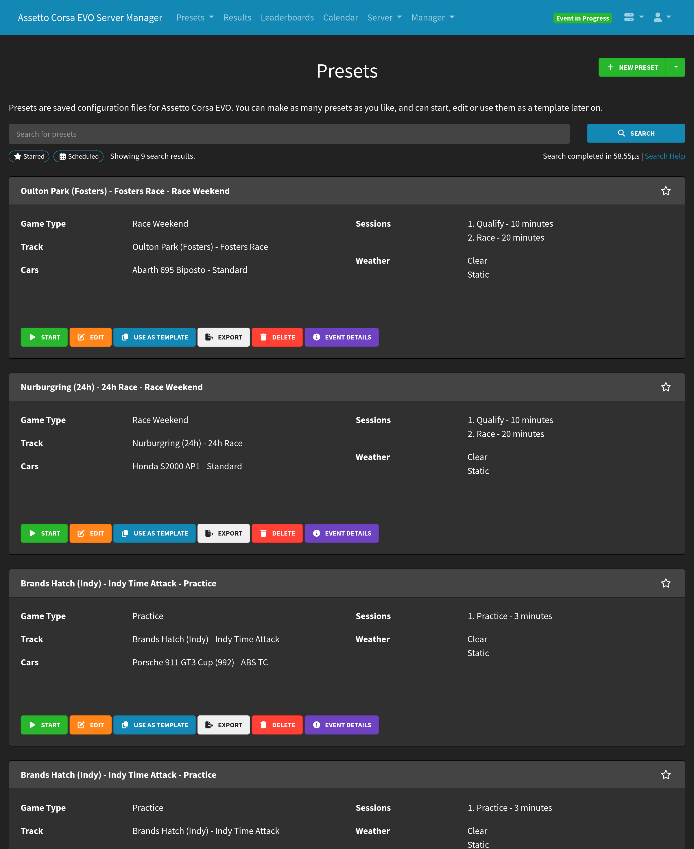 Server Manager Preset List
