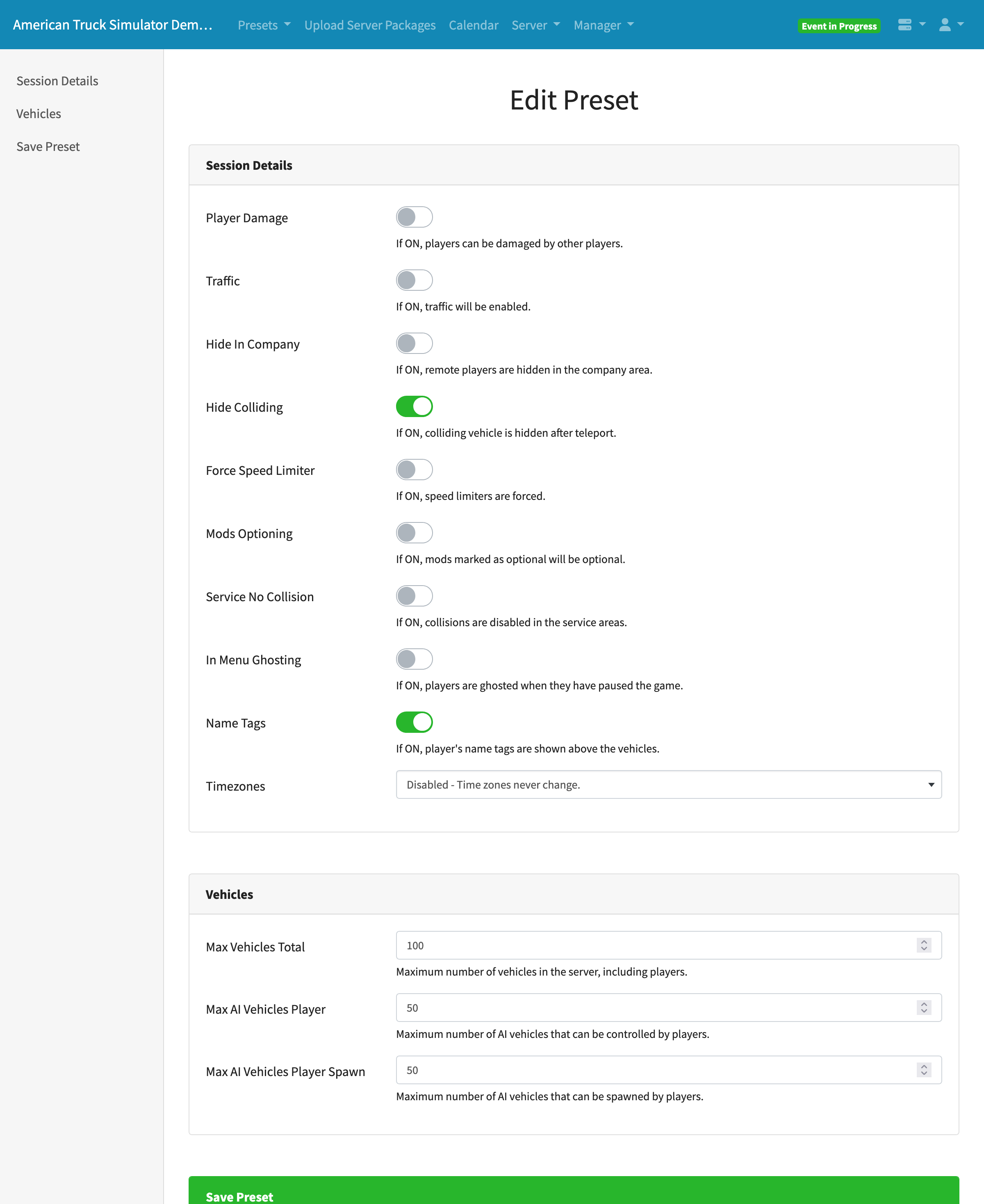 Server Manager Edit Preset