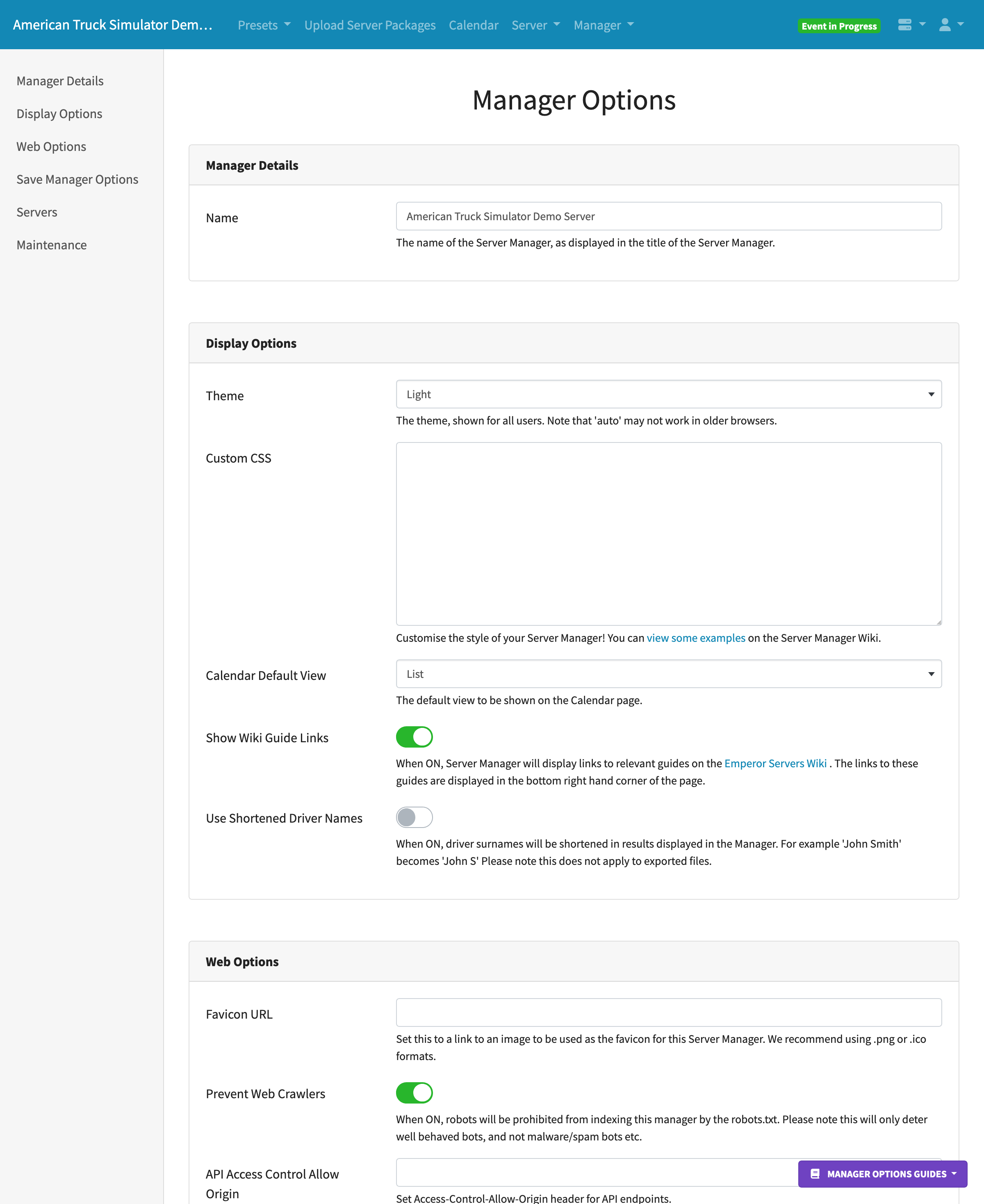 Server Manager Options