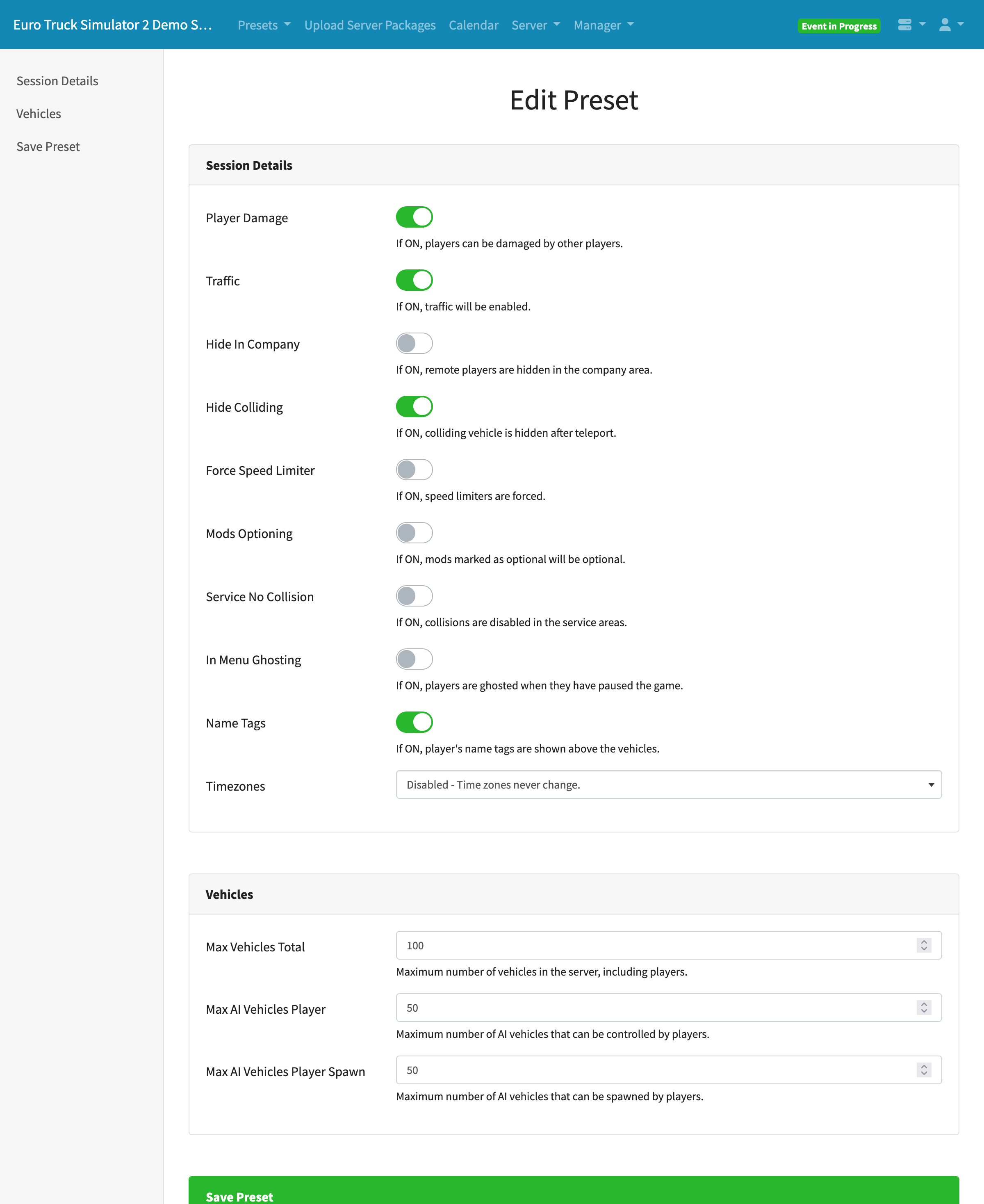 Server Manager Edit Preset